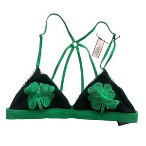 Victoria's Secret Women S Black Green Shamrock Clover Lace Triangle Bralette NWT
